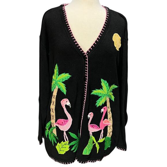 Quacker Factory Sweaters - QUACKER FACTORY Funky Artsy Cardigan Sweater 3XL Flamingos Granny‎ Teacher Cozy